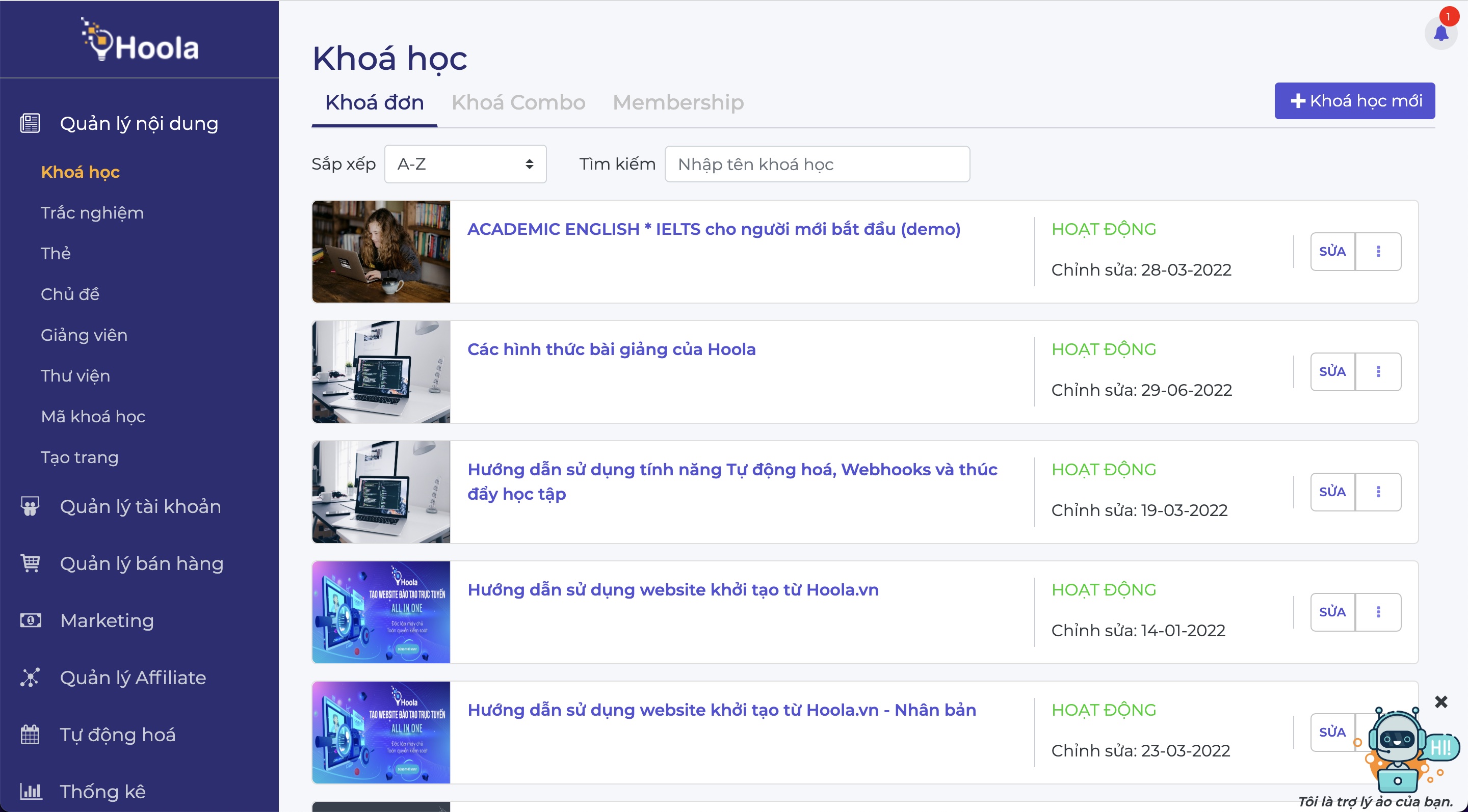 Danh sách khoá học trên Hoola